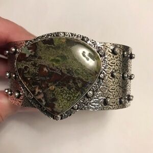 Blood Stone Jasper Stamped Solid 925 Sterling Silver Cuff Bracelet